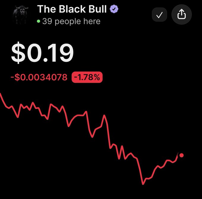 A dark-themed dashboard for 'The Black Bull' with 39 people online, showing a price of $0.19, down $0.0034078 (-1.78%), and a red declining line chart.