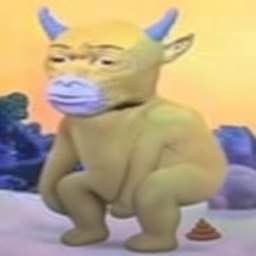 A golden statue of a squatting monkey with blue horns and lips sits in a whimsical landscape with what appears to be a small pile of feces beside it. The image humorously illustrates the meme's joke about how getting rich in a bull market often means buying memecoins and "shitcoins" that seem ridiculous but launch quickly.