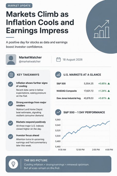 A Market Update newsletter from 'MarketWatcher' dated 18 August 2026 titled 'Markets Climb as Inflation Cools and Earnings Impress,' showing S&P 500 at 5,554.25 (+0.85%), NASDAQ at 17,631.72 (+1.24%), and Dow Jones at 40,876.53 (+0.61%).
