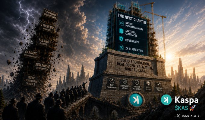 The image shows a large stone statue with a sign that says "The next chapter" above it. Below the statue are two smaller statues, one of which has a banner saying "Kaspa" written on it. The background features a city skyline under a cloudy sky.
