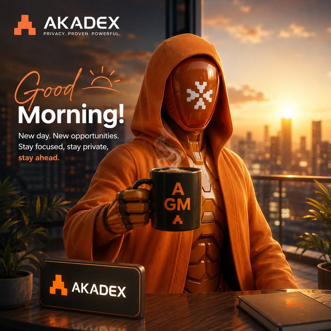 The image features an orange-colored robot with a hooded head holding a black coffee mug that has "A GM" written on it. The scene takes place at a desk or table, possibly in front of a window overlooking city buildings. In the background, there is a sign that reads "Good Morning X We go again today on $ARC Everyone is talking about AI agents but not enough people are asking a simple question: Who owns the agent?". This suggests that the robot might be an AI agent or a machine learning model developed by Akadex. The image also includes a plant and a book, which could symbolize the idea of growth and knowledge in the context of artificial intelligence and technology.