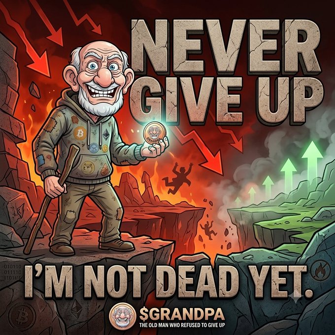 A cartoon grandpa in a patched hoodie triumphantly holds up a $GRANDPA coin amid crashing red arrows and falling traders, with the bold text "NEVER GIVE UP" and "I'M NOT DEAD YET." reinforcing the meme's message of resilience against crashing markets. The "$GRANDPA - THE OLD MAN WHO REFUSED TO GIVE UP" branding at the bottom ties the defiant image directly to the post's theme of perseverance for traders weathering downturns.