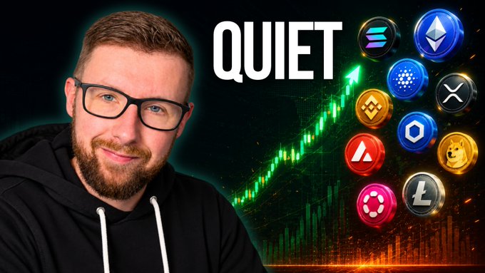 Thumbnail for a crypto-related video or stream featuring a man with glasses and a beard, the word "QUIET", an upward green stock chart arrow, and various cryptocurrency logos including Solana, Ethereum, BNB, and Litecoin.