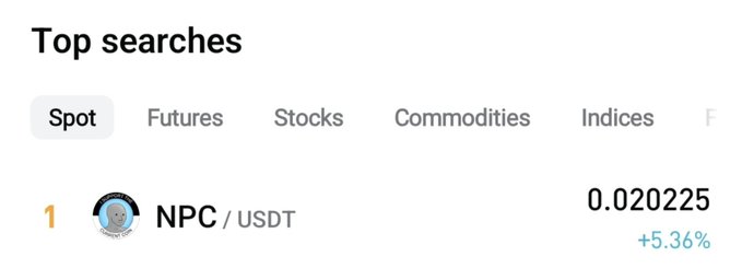 The image shows the "Top searches" section on what appears to be Bitget, with the Spot category selected, displaying NPC/USDT as the #1 top searched coin at a price of 0.020225, showing a +5.36% increase, which confirms the post's claim that $NPC is the current top searched coin on Bitget.