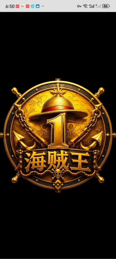 A gold emblem on a black background featuring a pirate hat, anchor, skull, and the number '1', with Chinese characters '海贼王' (meaning 'Pirate King') displayed at the bottom.