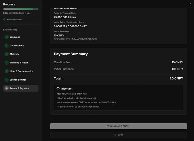 A token launch interface for $CNPY Network showing a Review & Payment screen with sellable tokens of 75,000,000 (75% supply), a creation fee and initial purchase totaling 20 CNPY for a new virtual chain called $ALEXCRY. The image illustrates the practical deployment mechanism for CNPY Network's infrastructure, contextualizing how new chains can be launched on the platform whose NestBFT consensus architecture provides the decentralized security foundation referenced in the post.