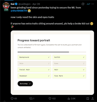 A social media post screenshot discussing a WL drop and showing a 'Progress toward portrait' checklist for traits like Background, Outfit, Skin, Eyes, Facial Hair, Hair, Headwear, and Face Mark.