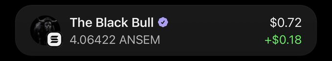 This image displays a crypto wallet balance showing 4.06422 ANSEM valued at $0.72, with a gain of +$0.18. This directly relates to the accompanying post by showing the user's accumulation of $ANSEM, a potential stake in the airdrop.