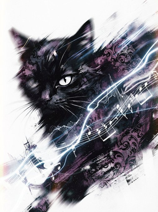 A black cat with intense eyes is surrounded by swirling musical notes and ornate purple patterns, with the "#Flow" caption reflecting the seamless, rhythmic movement of both the feline's energy and the music intertwined with it.