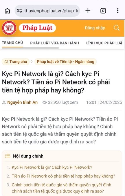 A screenshot from thuvienphapluat.vn showing a Vietnamese legal article titled "Kyc Pi Network là gì? Cách kyc Pi Network? Tiền ảo Pi Network có phải tiền tệ hợp pháp hay không?" by Nguyễn Bình An, published 24/02/2025 with 33,950 views. The image relates to Pi Mining by providing legal guidance on Pi Network's KYC process and the legality of Pi cryptocurrency in Vietnam.