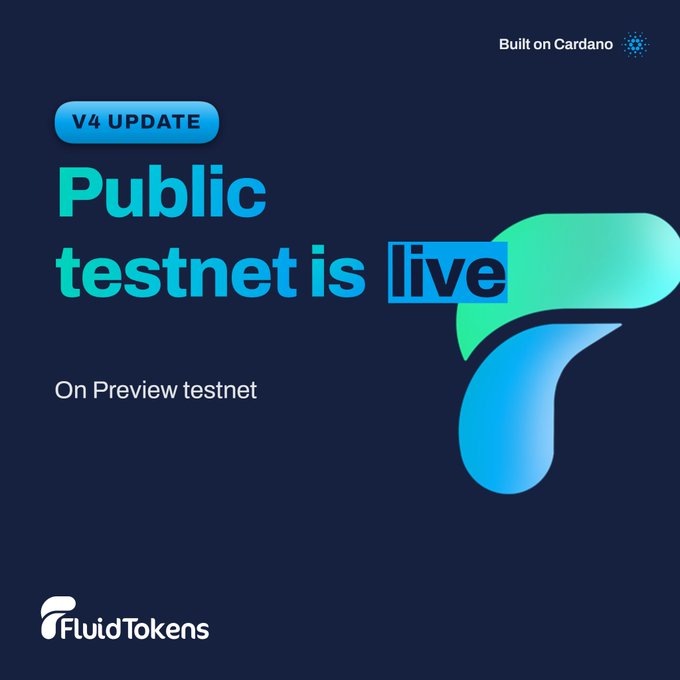 A promotional graphic for FluidTokens on the Cardano blockchain announcing 'V4 UPDATE Public testnet is live On Preview testnet' with a large blue and green logo.