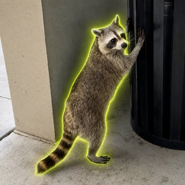 A raccoon standing on its hind legs and reaching up to a trash can is highlighted with a glowing yellow outline. The image plays on the "trash panda" nickname for raccoons, visually representing the post's claim that an animal-themed coin is gaining attention as a sleeper or underdog asset on the Robinhood chain.