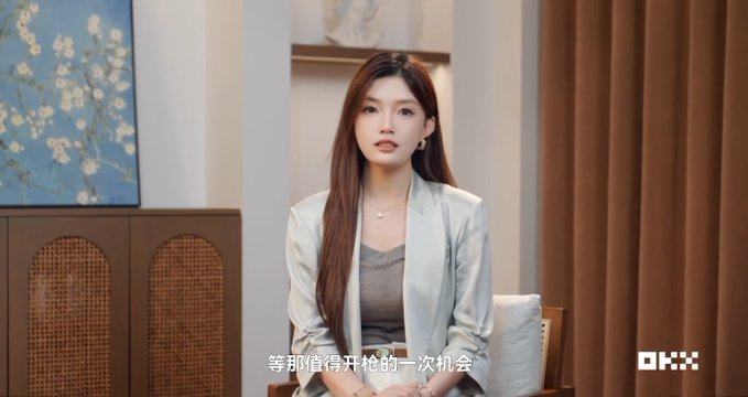 A young woman with long brown hair, wearing a light blazer and delicate necklace, sits composedly in a warmly lit room with rattan furniture and floral artwork behind her. Chinese subtitles appear below, and an "OKX" logo is visible in the bottom right, relating to the post's mention of a trader interview about surviving losses and building a trading system on the OKX platform.