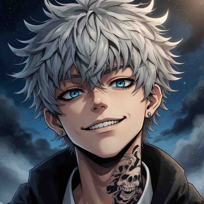 An anime-style illustration of a smiling young man with messy silver-white hair, striking blue eyes, earrings, and a skull tattoo on his neck, set against a starry night sky.