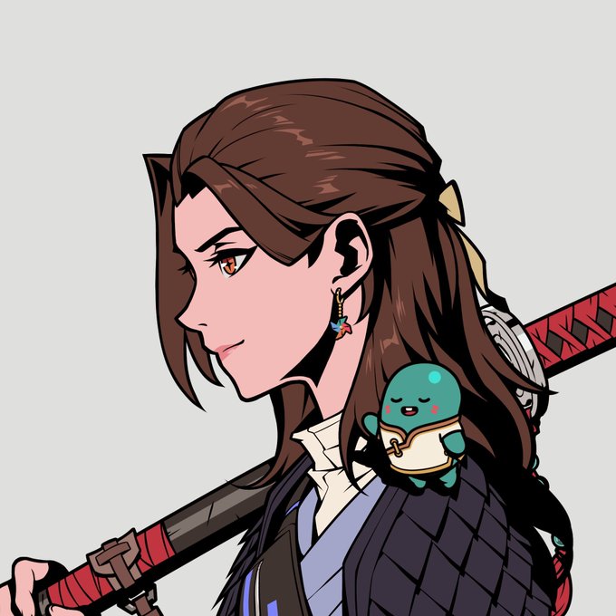 An illustrated female character with long brown hair carries a sword on her back and has a small green creature perched on her shoulder.