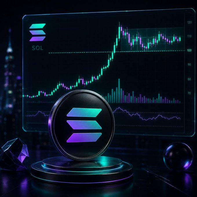 A stylized 3D rendering of a Solana (SOL) cryptocurrency coin displayed on a glowing pedestal, set against a backdrop of a candlestick price chart and bar graph with a futuristic cityscape.