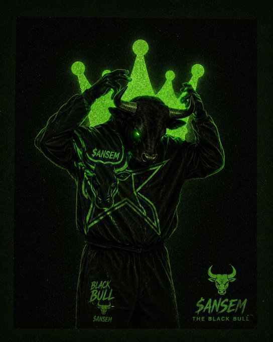 A dark green and black digital artwork of a bull-headed figure wearing 'SANSEM BLACK BULL' athletic gear with a glowing green crown above.