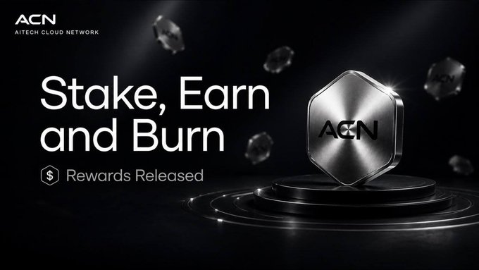 The image features an award for those who participated in the Stake, Earn & Burn campaign held by Acorn Network. The award is a silver hexagon with the word "ACN" written on it. There are several other awards scattered around the image as well. The text at the bottom of the image reads: "It has been one year since the Stake, Earn & Burn campaign concluded since then, rewards have continued to be distributed to eligible participants on a monthly basis, recognizing the community's contribution to the campaign's success."