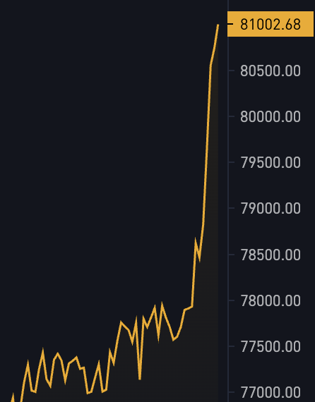 A line chart shows Bitcoin's price climbing sharply from around $77,000 to a labeled peak of 81002.68, visually capturing the surge to a new all-time high referenced in the post.