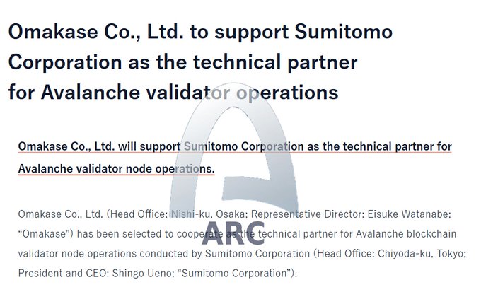 A press release announcement from Omakase Co., Ltd. declaring they will support Sumitomo Corporation as the technical partner for Avalanche validator node operations, with the ARC logo displayed in the background.