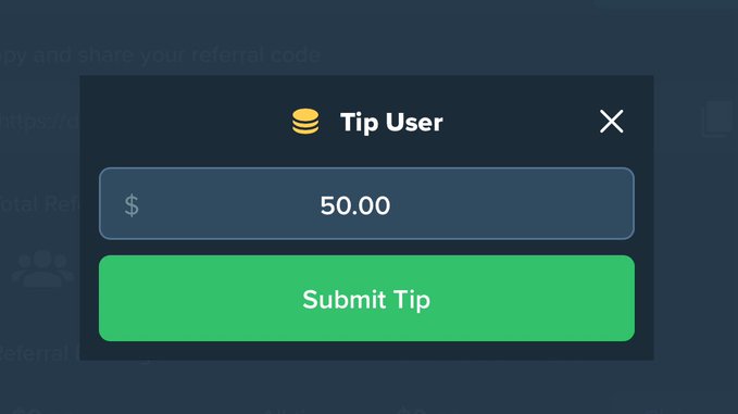 A pop-up "Tip User" window displays a $50.00 input field with a green "Submit Tip" button, fitting the casual "Gm family, Who needs this?" post by suggesting the user is offering a tip or crypto reward.