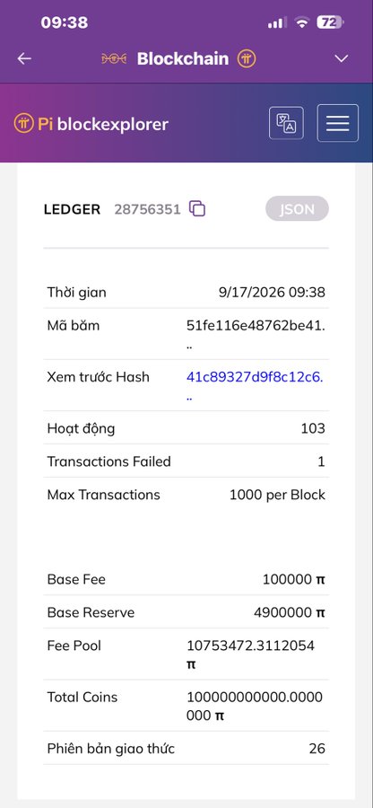 A mobile screenshot of a Pi blockexplorer page showing ledger details including Base Fee of 100000 π and Total Coins of 1000000000000.0000 π.
