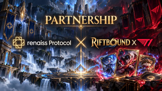 A promotional graphic announces a "PARTNERSHIP" between "renaiss Protocol" and "RIFTBOUND x T1" featuring fantasy artwork and trading cards.