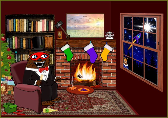 A cartoon raccoon in a tuxedo, top hat, and red mask sits by a lit fireplace roasting a marshmallow on a "Happy New Year 2022" calendar scene, with a Christmas tree and a night sky window showing the sun or moon. The whimsical image fits the playful "we live in a simulation" caption by evoking a bizarre, hyper-detailed virtual holiday room.