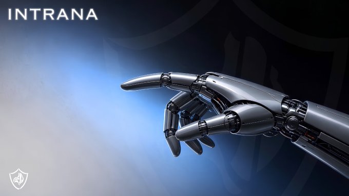 A polished silver robotic hand reaches forward against a dark blue gradient background, with the white title “INTRANА” in the upper-left corner.