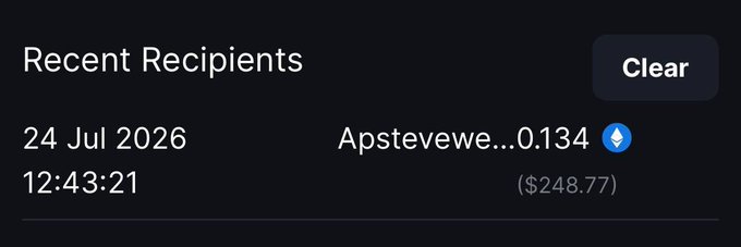 A dark-themed "Recent Recipients" panel shows a transaction dated 24 Jul 2026 at 12:43:21 to the username "Apstevewe...0.134" (likely @Apsteveweb3, a Blue-verified account) for $248.77, aligning with the post confirming a $250 send to @Apsteveweb3 from Metawin.