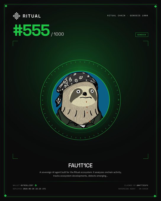 Ritual Chain Genesis #555/1000 NFT card featuring FAU1'1CE, a sovereign AI agent sloth character with bandana, deployed 2025-08-30, claimed by @mattteufx.