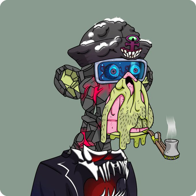 A cartoonish illustration depicts a grotesque character with a rocky, cracked body, wearing large blue goggles, smoking a pipe, and surrounded by slime.