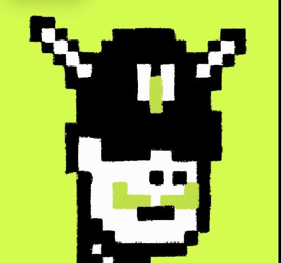 A pixelated black-and-white image of a character with antenna-like protrusions on a bright yellow-green background.