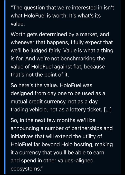 A dark-themed text excerpt discusses HoloFuel, explaining that it was designed as a mutual credit currency rather than a day trading vehicle, and mentions upcoming partnerships to expand its utility.