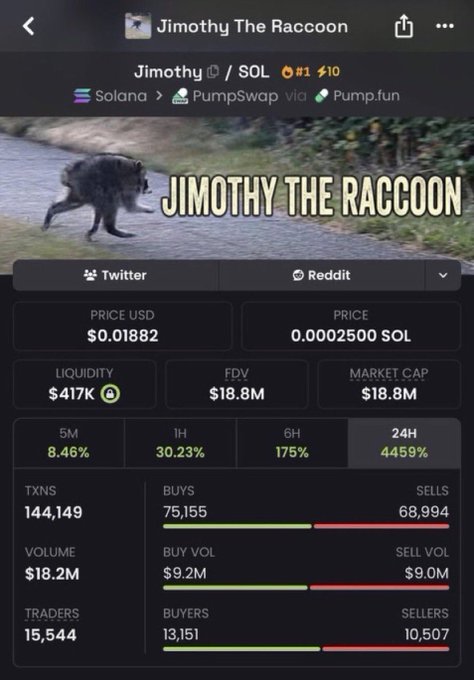 A screenshot of the $Jimothy (Jimothy The Raccoon) Solana memecoin trading dashboard on DEX Screener, showing a price of $0.01882 and a market cap of $18.8M, illustrating the massive gains referenced in the post's claim of calling the token early at a $24K market cap.