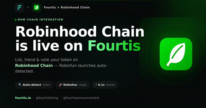 Fourtis announces a new chain integration with the headline "Robinhood Chain is live on Fourtis," featuring the Fourtis leaf logo and highlighting auto-detect tokens, Robinfun readiness, and 0.1s block times. The post promotes the ability to list, trend, and vote tokens on Robinhood Chain with instant autofill via fourtis.io.