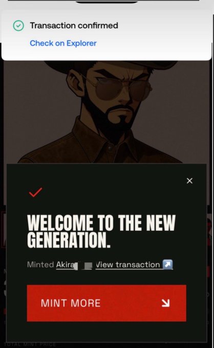 A mobile screen showing a 'Transaction confirmed' message for minting an NFT, featuring an anime-style character and the text 'WELCOME TO THE NEW GENERATION.'