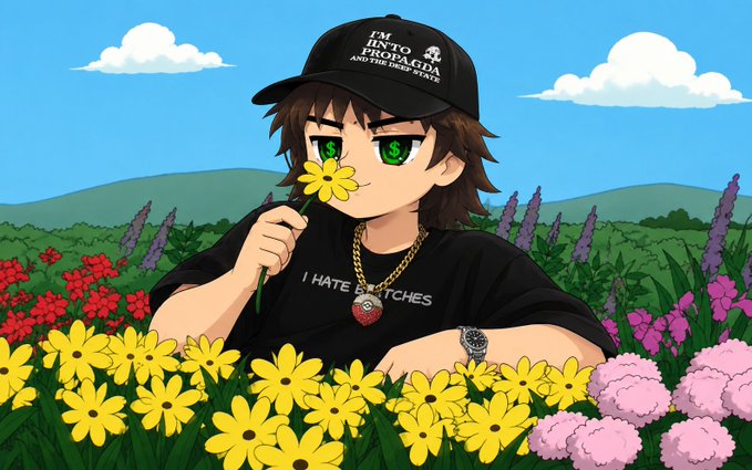 An anime-style illustration of a brown-haired character wearing a black cap reading "I'M INTO PROPAGANDA AND THE DICTATOR", a black shirt reading "I HATE B*TCHES", and gold chains, holding a yellow flower in a field of daisies and lavender.
