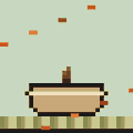 A pixel art image showing a small character on a platform with a green background and scattered orange and red elements.