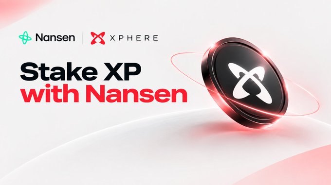 The image is a promotional graphic for "Stake XP with Nansen," featuring the logos of Nansen and XPHERE alongside a stylized 3D XP token emblem encircled by a glowing red ring. It visually supports the post's announcement that users can stake 3,000+ XP through Nansen's Staking Hub to share a 247,000 XP reward pool.