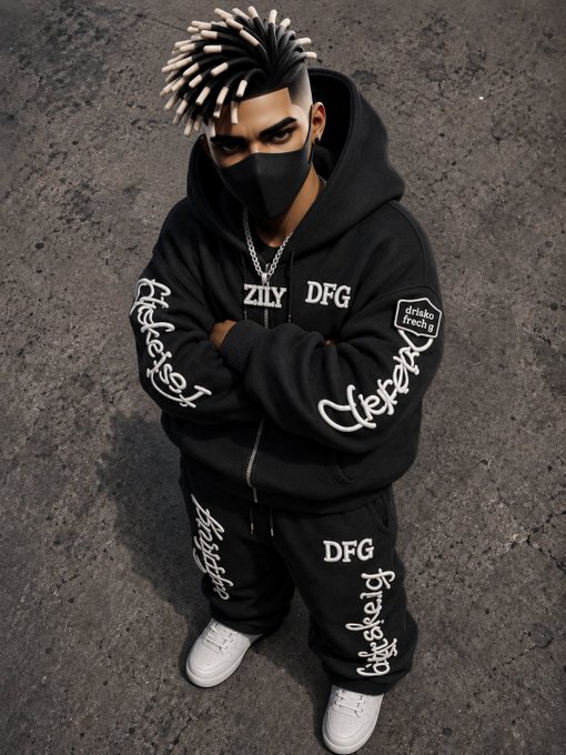 A 3D-rendered character with spiky dreadlocks and a face mask wearing a black tracksuit with 'ZILY DFG' and 'drisko fresh' graffiti-style text, standing on cracked asphalt.