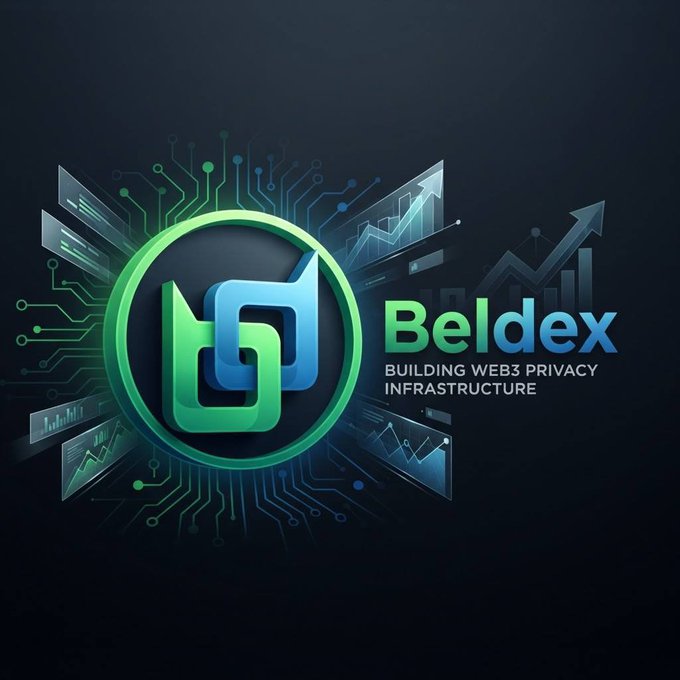 A promotional graphic for Beldex featuring a green and blue interlocking logo with the tagline 'BUILDING WEB3 PRIVACY INFRASTRUCTURE' against a dark background with circuit board designs and upward-trending charts.