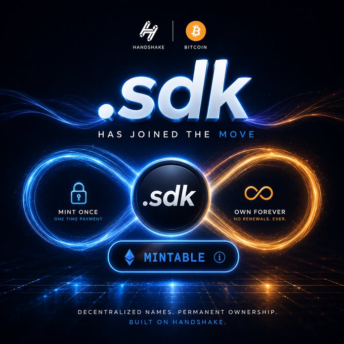 A promotional graphic for '.sdk has joined the Move', featuring Handshake and Bitcoin logos, with elements indicating 'MINT ONCE', 'OWN FOREVER', and 'MINTABLE'.