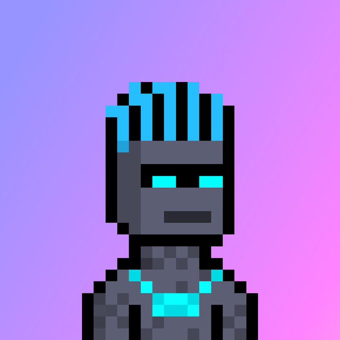 Pixel art portrait of a robot or android with glowing cyan eyes and hair, set against a purple gradient background.