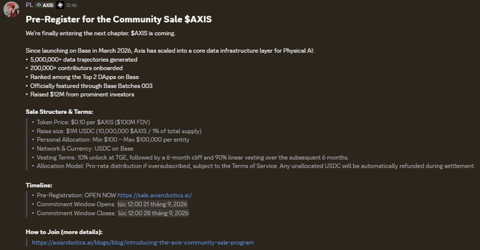 A screenshot of a Telegram post announcing Pre-Registration for the Community Sale of $AXIS, detailing sale structure including $0.10 token price, $100M FDV, and raising $12M from prominent investors, with timeline running from March 21 to April 28, 2026.