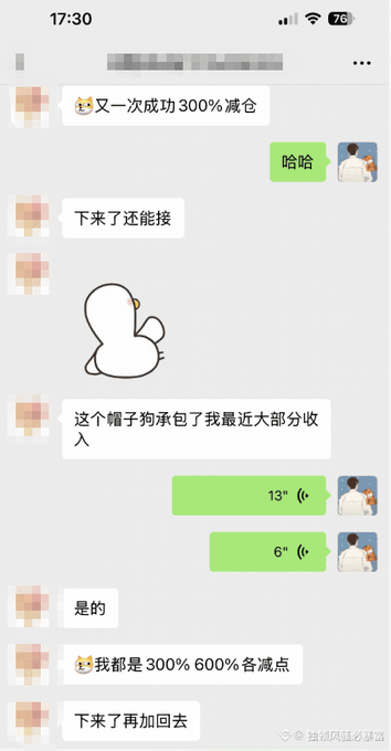 A Chinese-language WeChat conversation about stock trading profits, featuring a duck sticker and voice messages, with text mentioning 300% gains and positions.