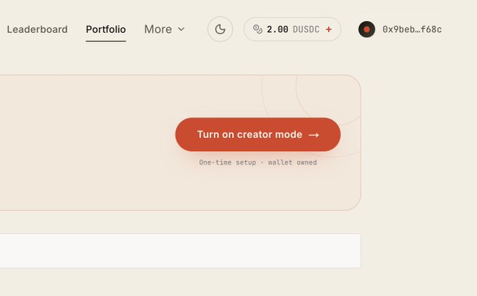 A digital interface displays navigation tabs for 'Leaderboard' and 'Portfolio', a balance of '2.00 DUSC', a wallet address beginning with '0x9beb...f68c', and a prominent button reading 'Turn on creator mode' with the subtext 'One-time setup • wallet owned'.