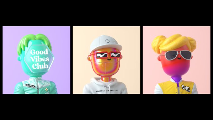 Three stylized 3D cartoon avatars are displayed side by side on pastel backgrounds, featuring colorful hair, sunglasses, and outfits branded with text like 'Good Vibes Club' and 'GVC'.