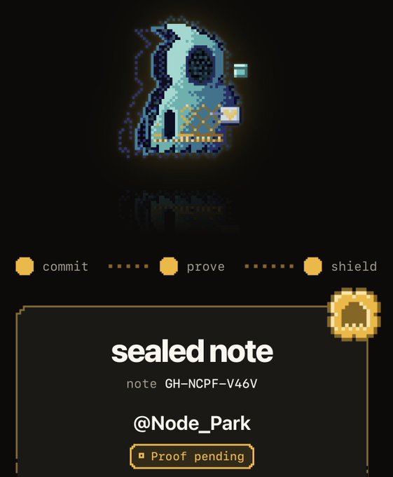 A pixel art graphic featuring a blue ghost-like character above text reading 'sealed note', 'note GH-NCPF-V46V', '@Node_Park', and a status indicator showing 'Proof pending', with 'commit', 'prove', and 'shield' steps listed.
