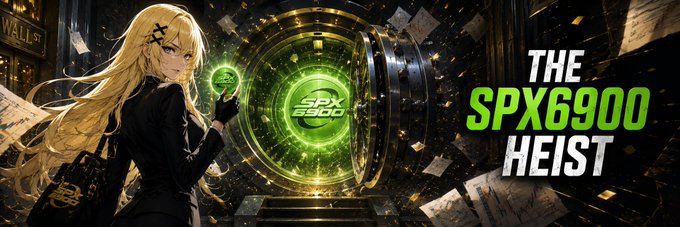 A banner titled "THE SPX6900 HEIST" showing an anime-style blonde character in a black suit next to a green glowing vault with money flying around.
